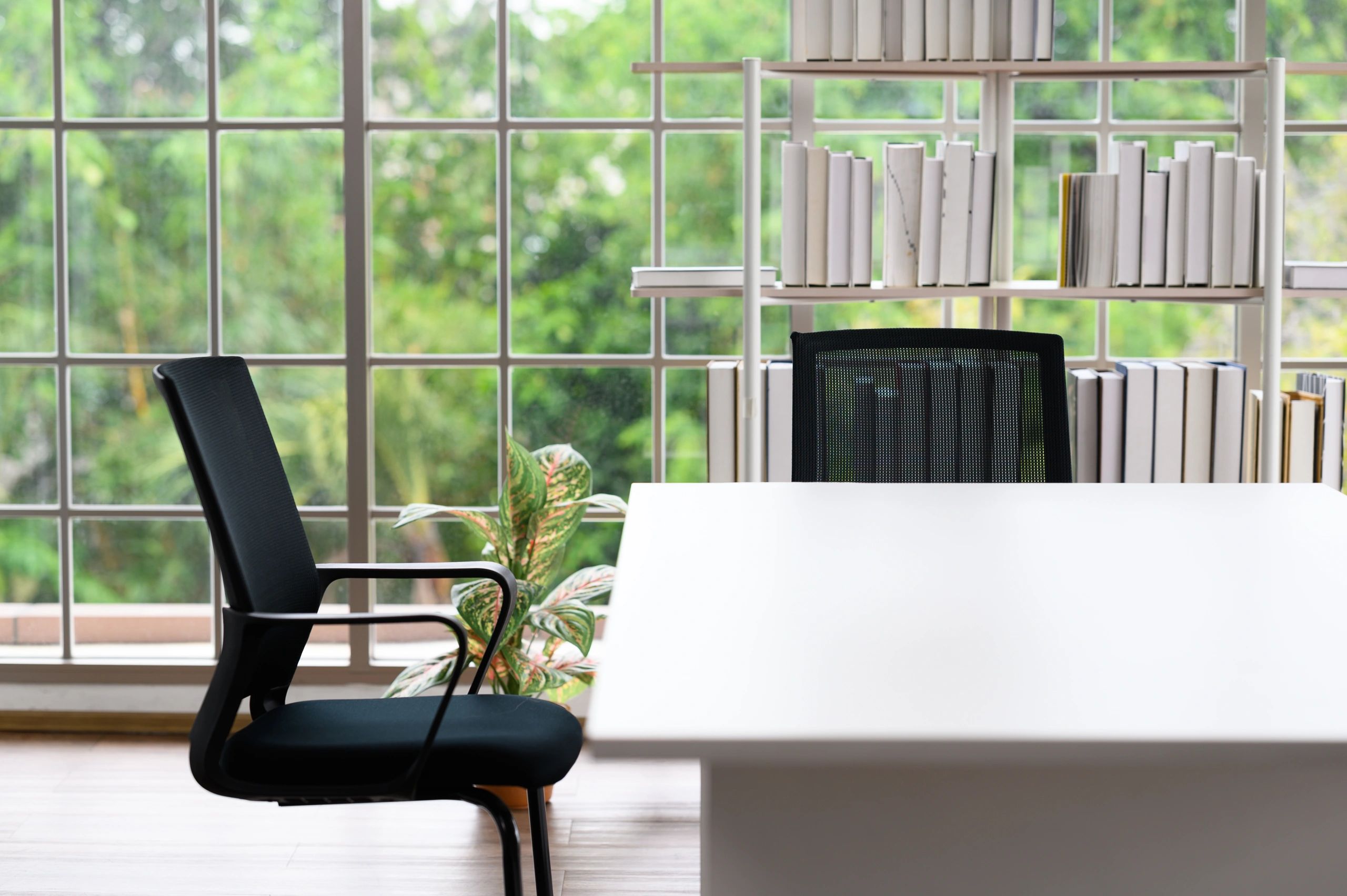 Clean desk setup beside a window in a modern workspace