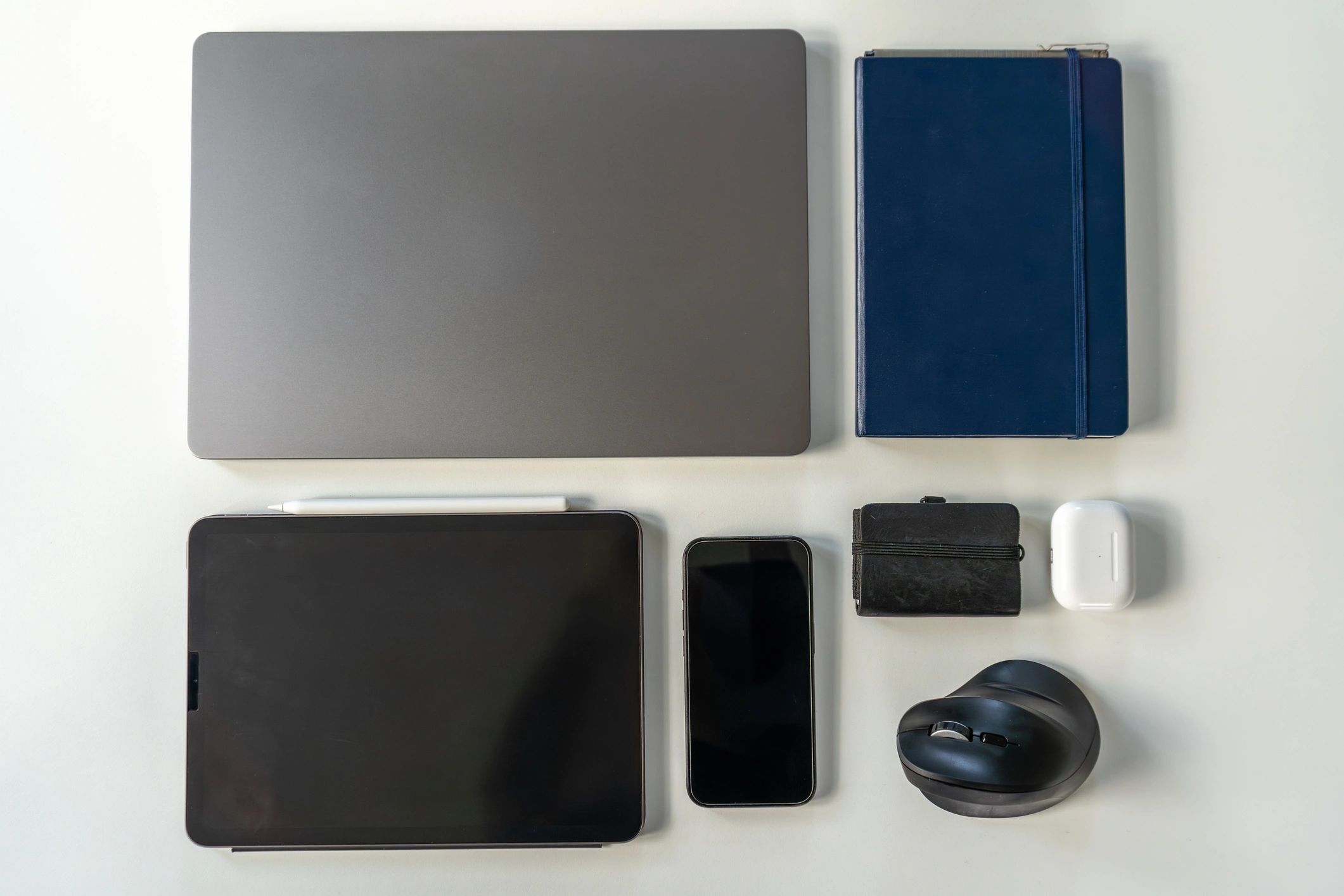 Flat lay of modern digital devices and audio accessories