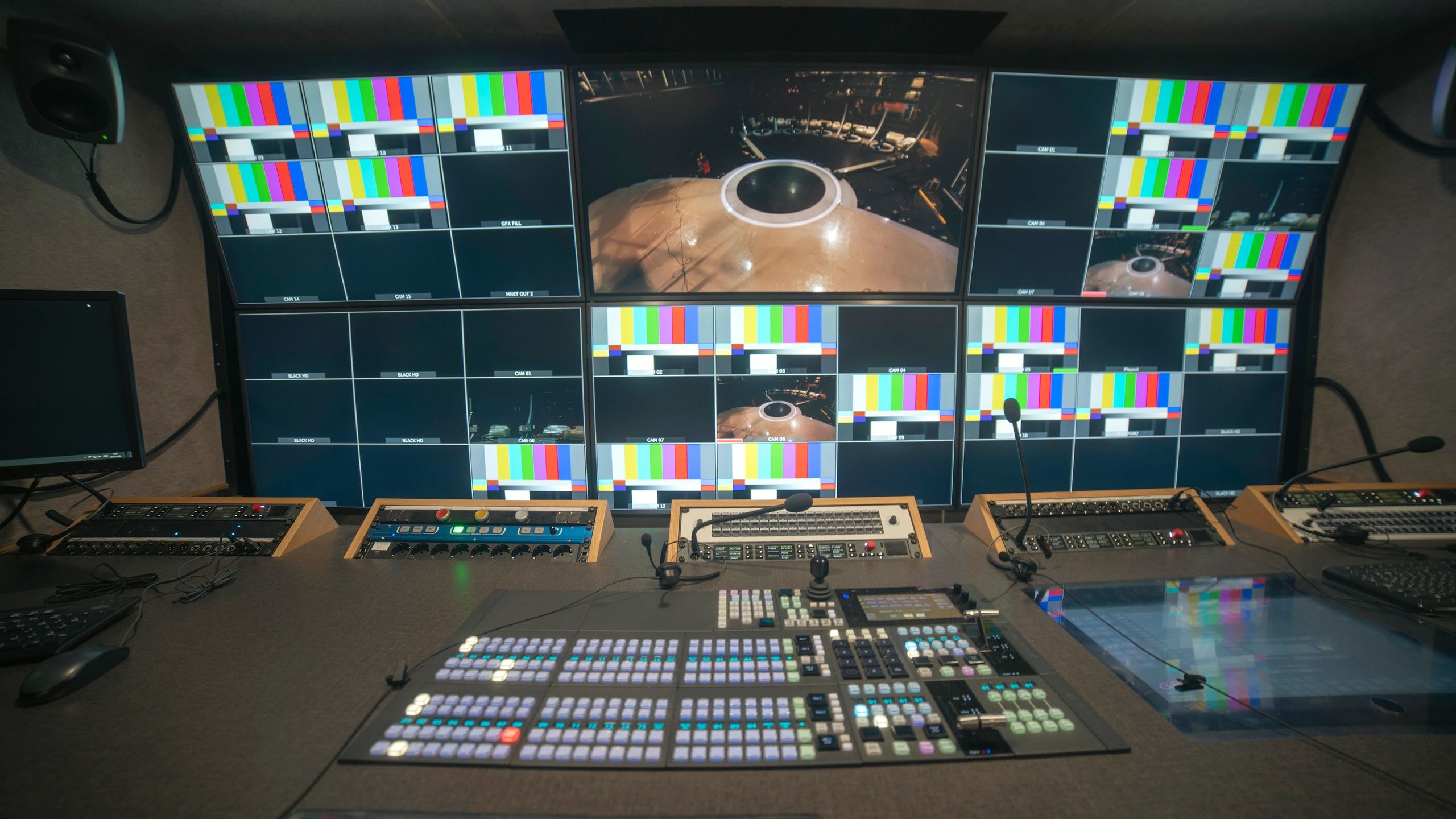 High-tech workstation with multiple monitoring screens