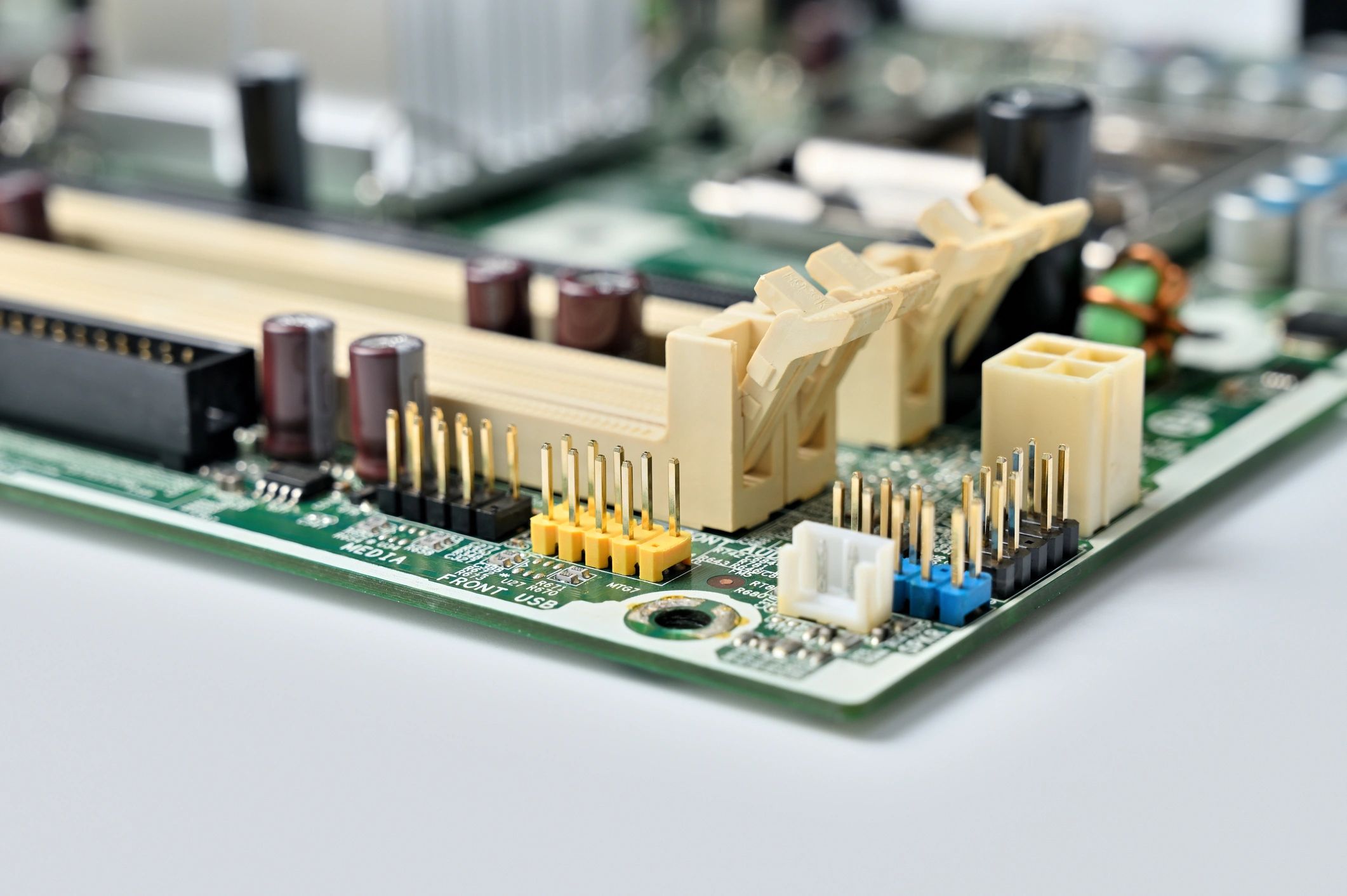 Close-up computer motherboard with electronic components