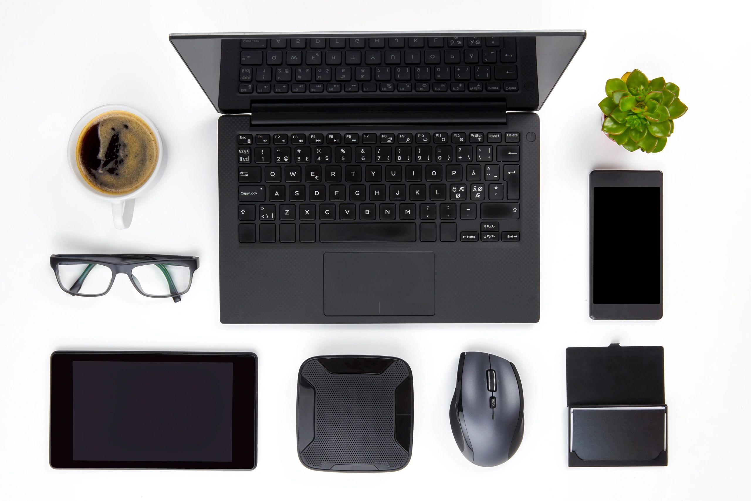 Overhead view of consumer electronics and accessories